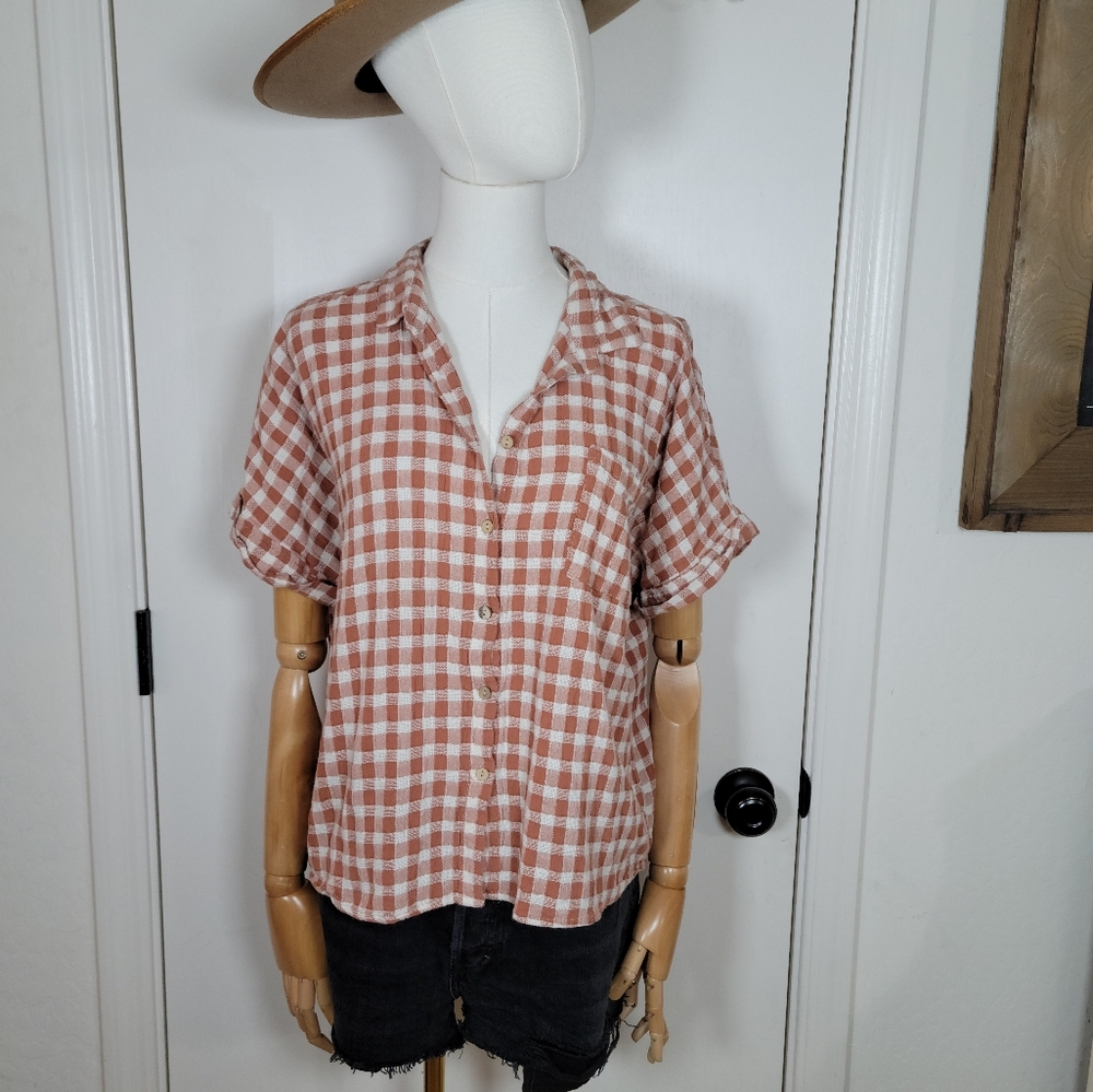 Roolee Oversized Buffalo Plaid Button-Up Shirt 100% Cotton Size Large